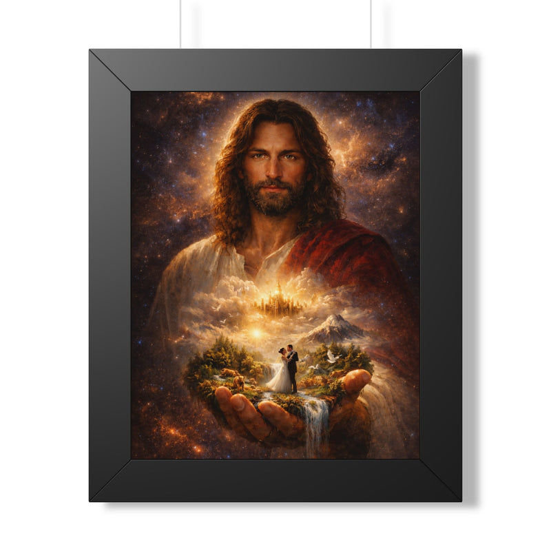 Framed Poster — Inspirational Jesus Portrait with ‘Bride & Grooms’ in Hands (Vertical)